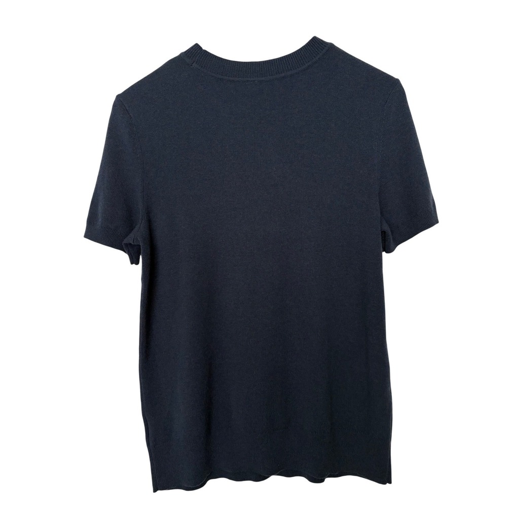 Arach & Cloz Quiet Luxury Navy Blue Short Sleeve Knit Wool Blend Sweater Top L